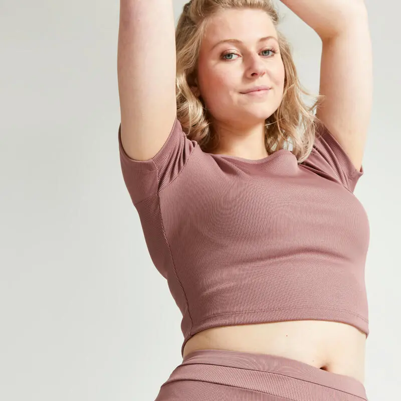 Camiseta Fitness Crop Top Manga Corta Mujer Domyos Marrón 3 Camiseta Fitness Crop Top Manga Corta Mujer Domyos Marrón - Imagen 3